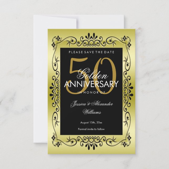 Romantische Golddekoration Gerahmt 50. Hochzeit Save The Date (Vorderseite)