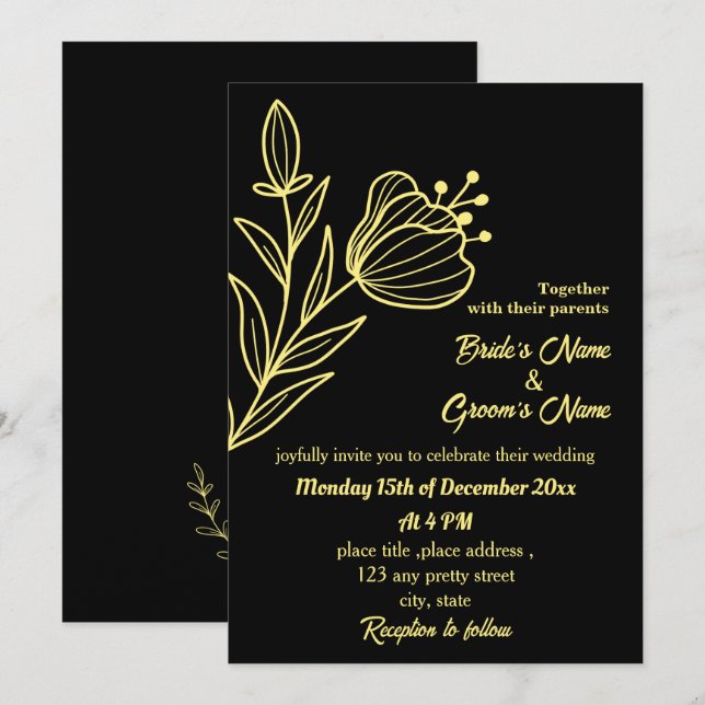 Romantische goldene Blume schwarz Einladung (Vorne/Hinten)