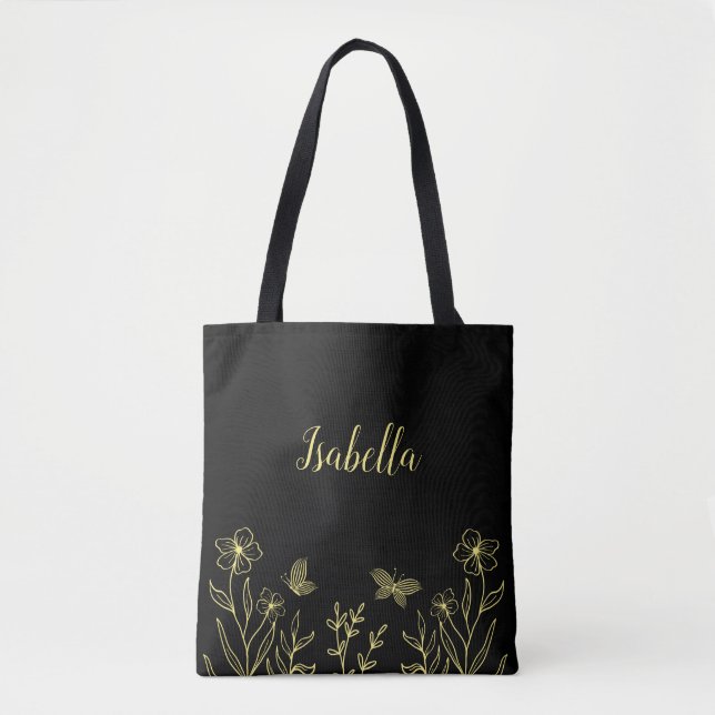 Romantische goldene Blume schwarz Tasche (Vorderseite)