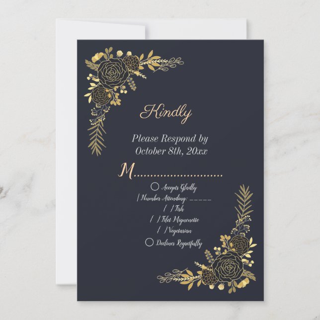 Romantische goldene florale Navy Blue RSVP-Karte Einladung (Vorderseite)