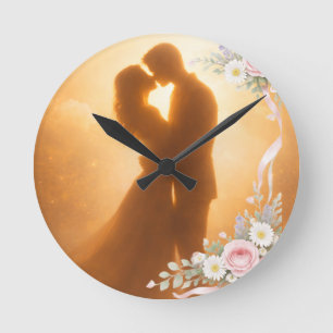 Romantische goldene Sonnenuntergangs-Silhouette Ho Runde Wanduhr