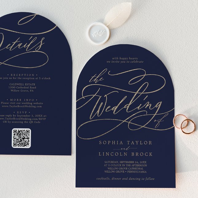 Romantische Goldflotte in einer QR-Arch-Hochzeit Einladung (Romantic Gold Navy All In One QR Code Arch Wedding Invitation)