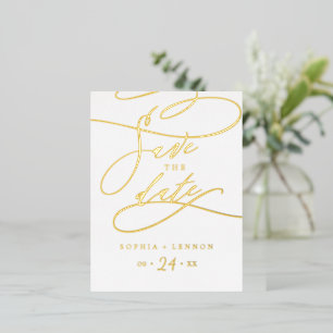 Romantische Goldfohlen-Kalligraphie Save the Date Folie Einladungspostkarte