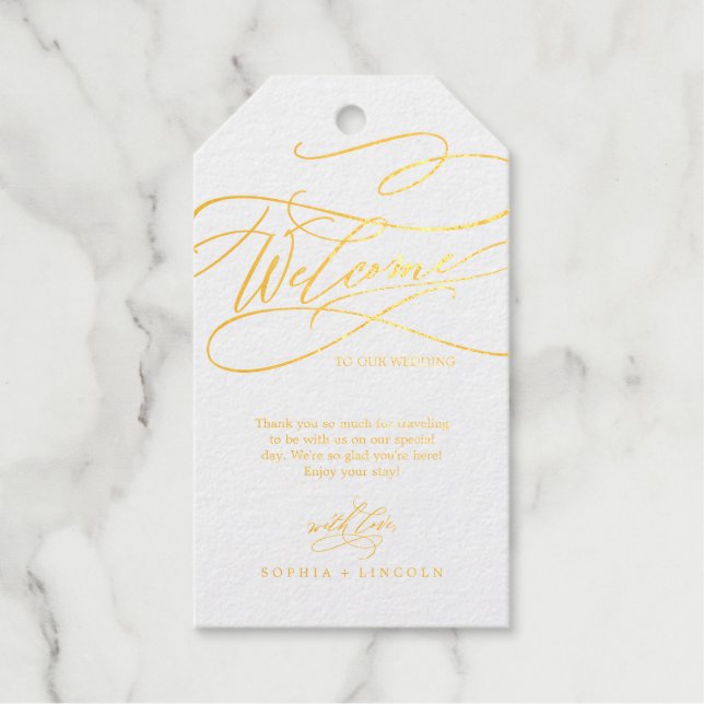Romantische Goldfoil-Kalligrafie Hochzeit Willkomm Geschenkanhänger (Vorderseite)