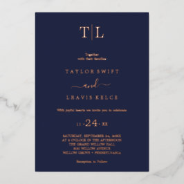 Romantische Goldfoil Navy Blue Monogram Wedding Folieneinladung
