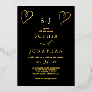 Romantische Goldfolie Schwarze Monogramm-Hochzei Folieneinladung