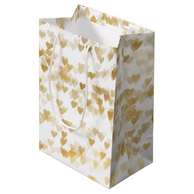 Romantische Goldherzen Hochzeit Mittlere Geschenktüte (Vorderseite Schrägansicht)