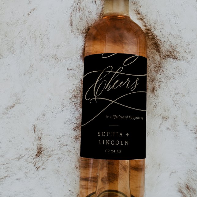 Romantische Goldkalligrafie | Black Cheers Wedding Weinetikett (Von Creator hochgeladen)