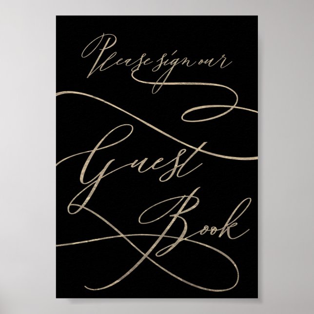 Romantische Goldkalligrafie | Black Guest Book Sig Poster (Vorne)