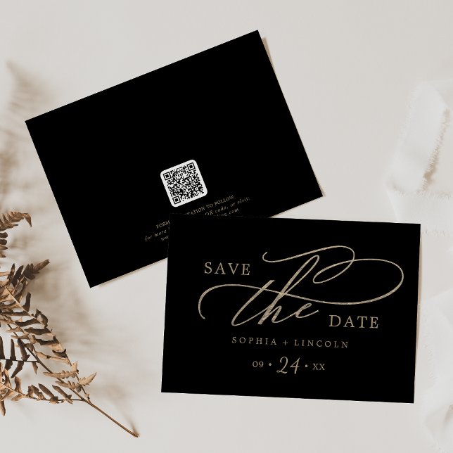 Romantische Goldkalligrafie Black QR Code Horizont Save The Date (Von Creator hochgeladen)