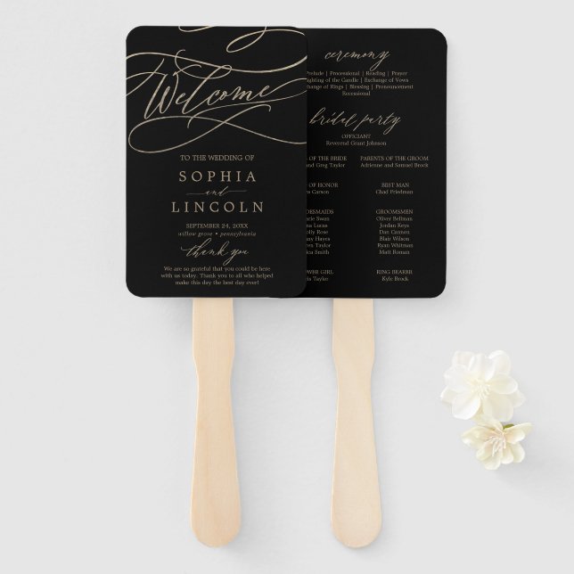 Romantische Goldkalligrafie | Black Wedding Progra Fächer (Vorne und Hinten)