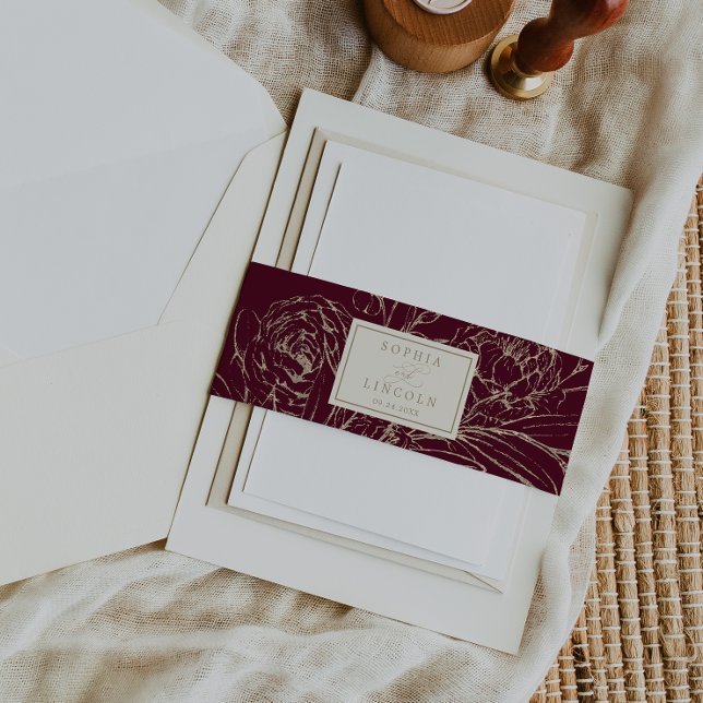 Romantische Goldkalligrafie Burgund Blumenhochzeit Einladungsbanderole (Von Creator hochgeladen)