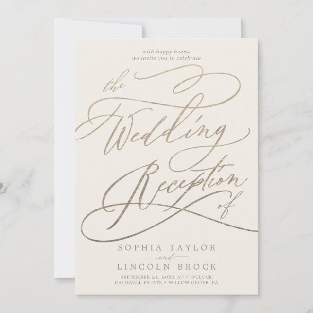 Romantische Goldkalligrafie Elfenbeinhochzeit Empf Einladung (Vorderseite)