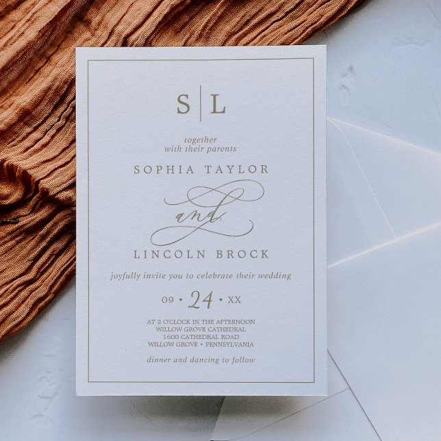 Romantische Goldkalligrafie-Monogram-Einladung zur Einladung (Von Creator hochgeladen)