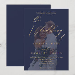 Romantische Goldkalligrafie Navy Blue Foto Hochzei Einladung