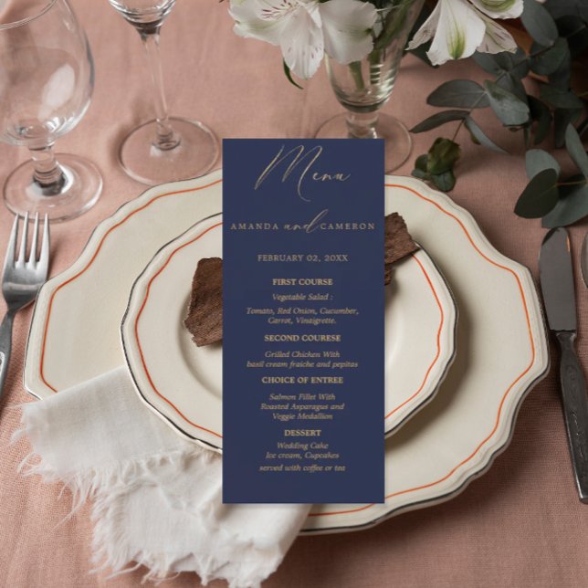 Romantische Goldkalligrafie Navy Blue Wedding Menükarte (Von Creator hochgeladen)