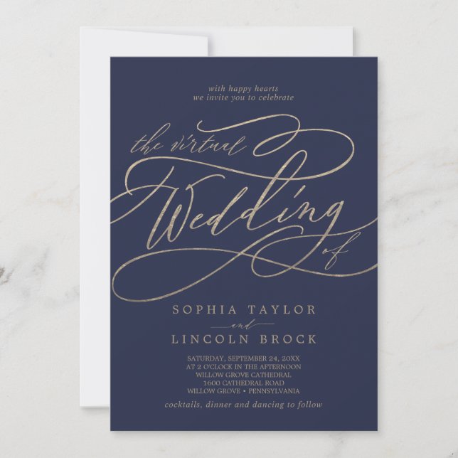 Romantische Goldkalligrafie | Navy Virtual Wedding Einladung (Vorderseite)