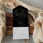 Romantische Goldkalligrafie | Schwarz die Hochzeit All In One Einladung<br><div class="desc">Diese romantische goldene Kalligraphie schwarz die Hochzeit von allen in einer Einladung ist perfekt für eine einfache Hochzeit. Das moderne klassische Design besticht durch extravagante Wirbel und skurrile Schnörkel mit herrlich eleganten, handgezeichneten Imitaten, die auf Champagner-Goldfolie-Typografie setzen. Schreiben Sie Ihre Gastadressen auf der Rückseite der gefalteten Einladung, oder kaufen Sie...</div>