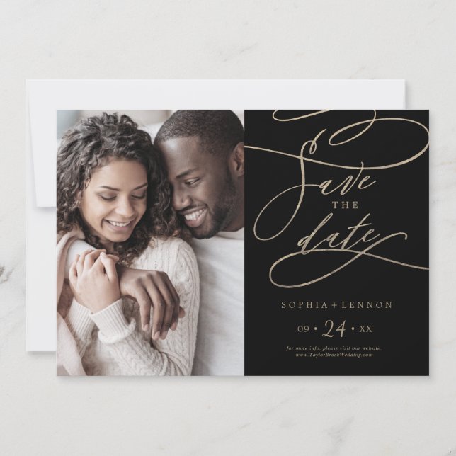 Romantische Goldkalligrafie | Schwarzes Foto Save The Date (Vorderseite)