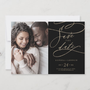 Romantische Goldkalligrafie   Schwarzes Foto Save The Date