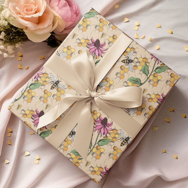 Romantische Goldkönigin-Biene, Honeycomb & Blume Geschenkpapier (Elegant Hand-Drawn Buzzing Queen Bee, Honeycomb & Pink Exotic Flower Gift Wrap for Nature Lovers.)