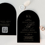Romantische Goldschwarze Monogram QR Code Arch Wed Einladung<br><div class="desc">Diese romantische goldene, schwarze monogramm QR-Code Bogen Hochzeitseinladung ist perfekt für eine einfache Hochzeit. Das moderne klassische Design besticht durch extravagante Wirbel und skurrile Schnörkel mit herrlich eleganten, handgezeichneten Imitaten, die auf Champagner-Goldfolie-Typografie setzen. Rett Papier durch einen QR-Code für den Gast, um Details, UAWG oder beides anzuzeigen. Bitte beachten Sie:...</div>