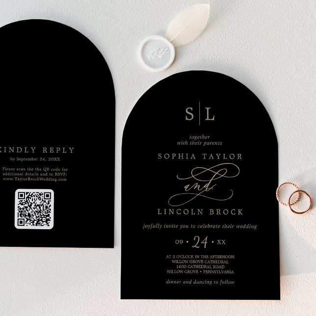 Romantische Goldschwarze Monogram QR Code Arch Wed Einladung (Romantic Gold Black Monogram QR Code Arch Wedding Invitation)