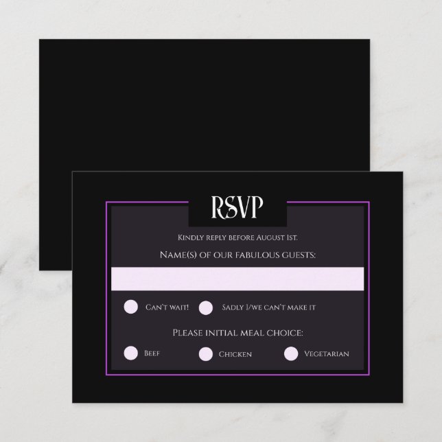 Romantische Gothic Black Lila Wedding Response Car RSVP Karte (Vorne/Hinten)