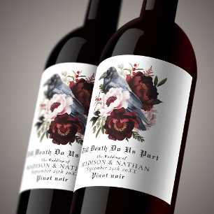 Romantische gotische Aquarell-Raben-Blumen-Hochzei Weinetikett