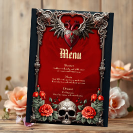 Romantische gotische Ikone: Herz, Rose, Schädel. Menükarte