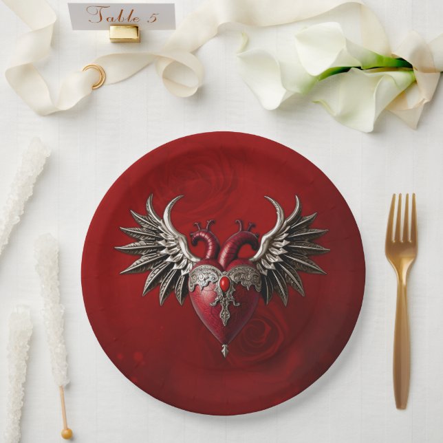 Romantische gotische Ikone: Herz, Rose, Schädel. Pappteller (Hochzeit)