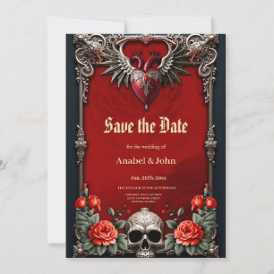 Romantische gotische Ikone: Herz, Rose, Schädel. Save The Date