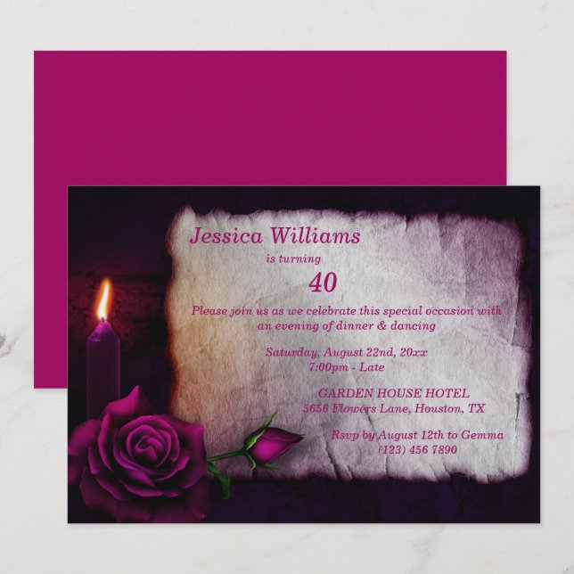 Romantische Gotische Rose & Candle Geburtstag Einladung (Vorne/Hinten)