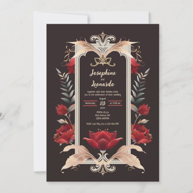 Romantische Gotische Rote Rose und Goldhochzeit Einladung (Vorderseite)