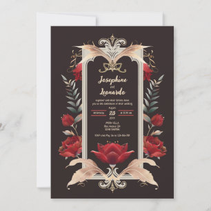 Romantische Gotische Rote Rose und Goldhochzeit Einladung