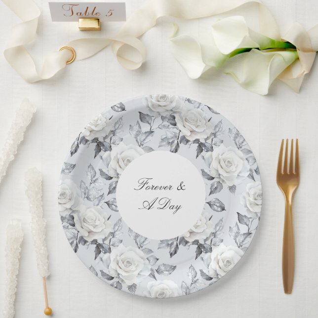 Romantische graue Silberröschen-Blumenhochzeit Pappteller (Hochzeit)