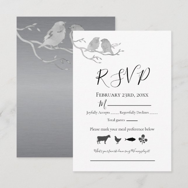 Romantische Graufarben Lovebirds Baumzweig RSVP Karte (Vorne/Hinten)