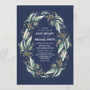 Romantische Grünanlage Wreath Navy Blue Hochzeit i Einladung