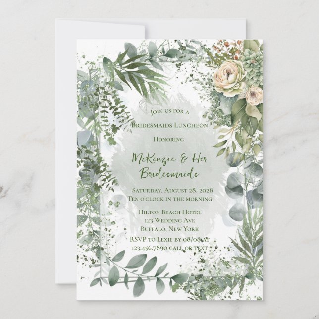 Romantische grüne Beige Peony Bridesmaids Luncheon Einladung (Vorderseite)
