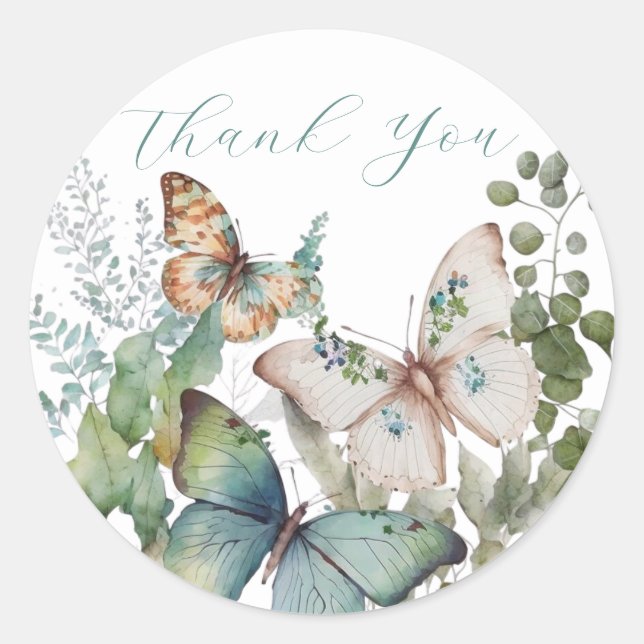 Romantische grüne Blume und Schmetterling Danke Runder Aufkleber (Vorderseite)