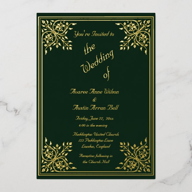 Romantische grüne goldene Foil Rahmen und Text Hoc Folieneinladung (Vorderseite)
