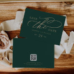 Romantische grüne Kalligrafie QR Code Horizontal Save The Date<br><div class="desc">Diese romantische grüne Kalligraphie QR Code horizontal Save the Date Karte ist perfekt für eine einfache Hochzeit. Das moderne klassische Design besticht durch extravagante Wirbel und skurrile Schnörkel mit herrlicher eleganter, handgezeichneter Imitat-Champagner-Goldtypografie. Bitte beachten Sie: Dieses Design enthält keine echte Goldfolie. Es ist eine hochwertige Grafik, die wie Goldfolie aussieht....</div>