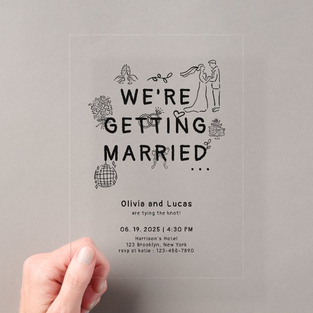 Romantische Hand Drawn Whimsical Black Wedding Acryleinladungen (Insitu (Handheld))