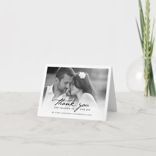 Romantische Handschrift Stilvolle Foto Hochzeit Dankeskarte (Vorderseite)