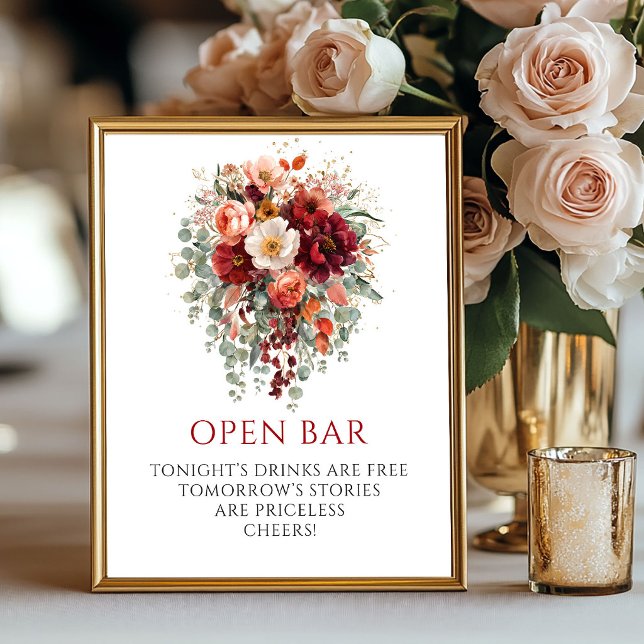 Romantische Herbst-Bordeaux-Blumen Open Bar Schild (Maroon Autumn Floral Open Bar Wedding Tabletop)