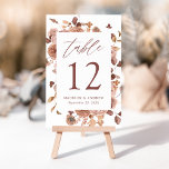 Romantische Herbstblumenhochzeit Tischnummer<br><div class="desc">Elegante Herbstkarten mit Tischnummer,  Namen und Hochzeitstermin,  gerahmt von Aquarellfarben,  Blume und Blattwerk in den Farbtönen Rosa,  Bordeaux,  Terrakotta,  Marsala & Braun. Die warme und moody Farbpalette macht diese Tischnummern zu einem idealen Ort für Ihren Spätsommer oder Ihre Hochzeit im Herbst.</div>
