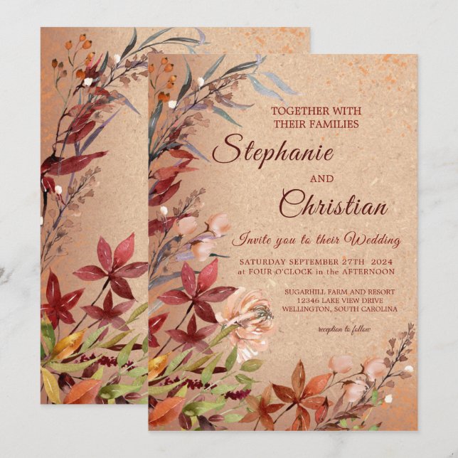 Romantische Herbstblütenhochzeit in Burgund Einladung (Vorne/Hinten)
