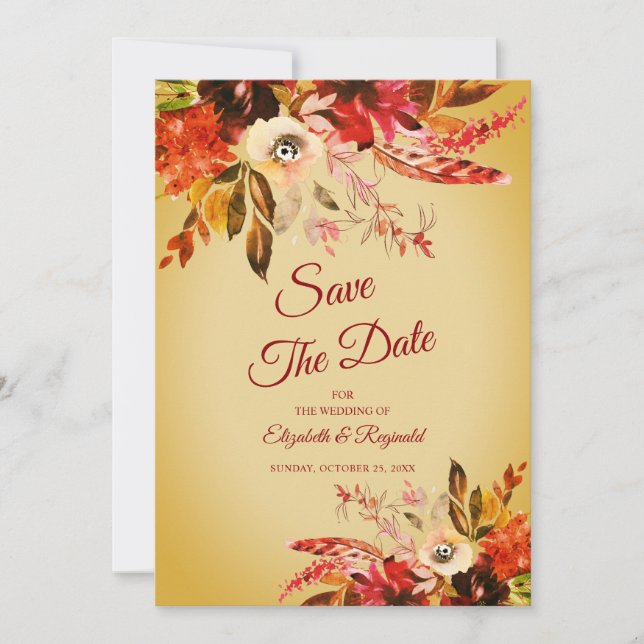 Romantische Herbstfloral gewaschen Gold Save the D Einladung (Vorderseite)