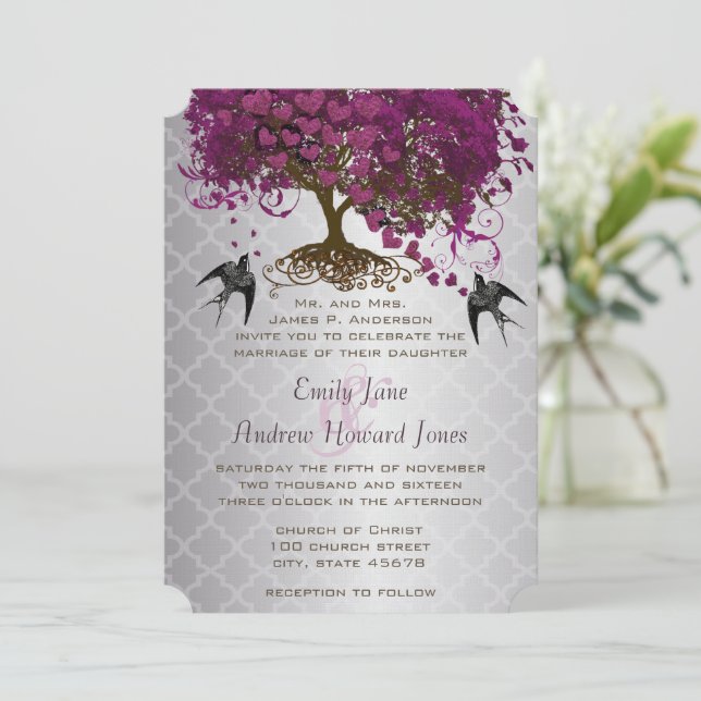 Romantische Herzmuschel Herzleder Tree Hochzeit Einladung (Stehend Vorderseite)
