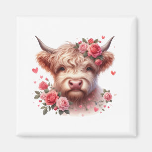Romantische Highland-Kuh mit Rosen und Herzen – La Magnet